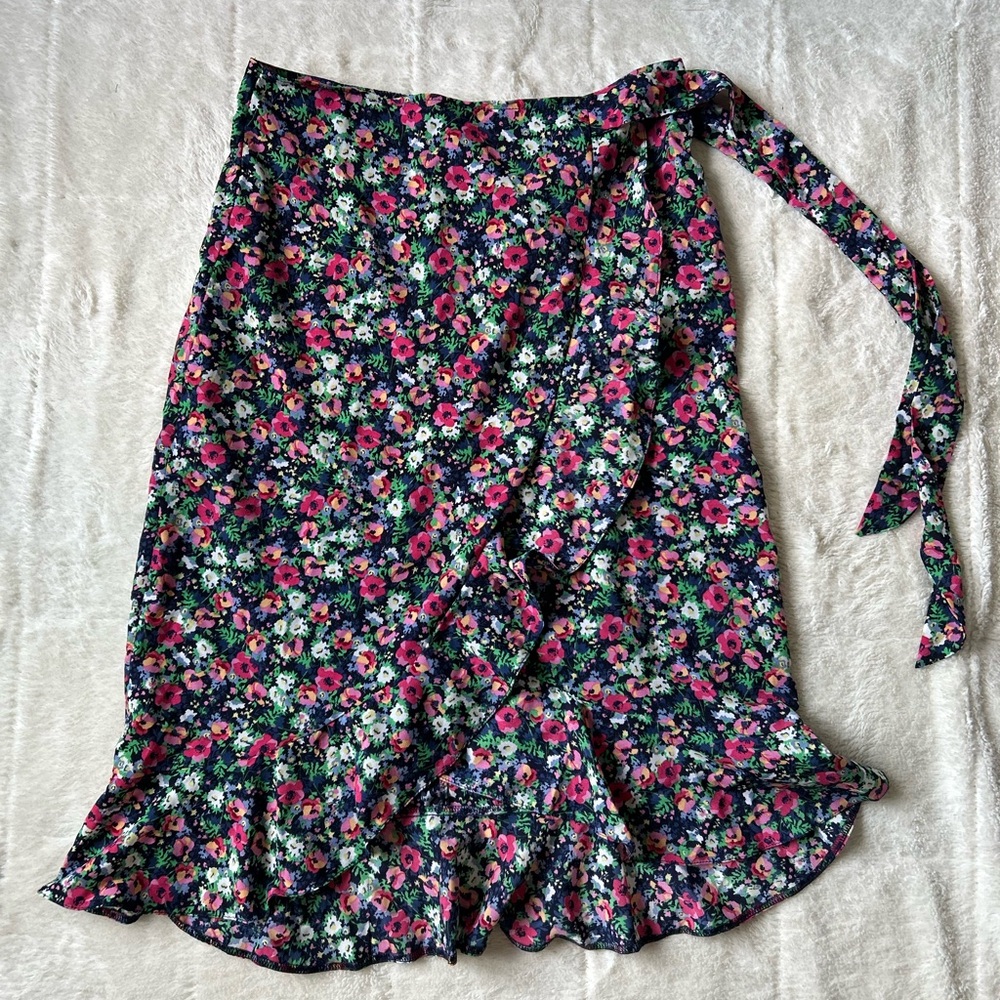 NWOT ASOS / AX Paris wrap midi skirt in dark floral and ruffles at the bottom